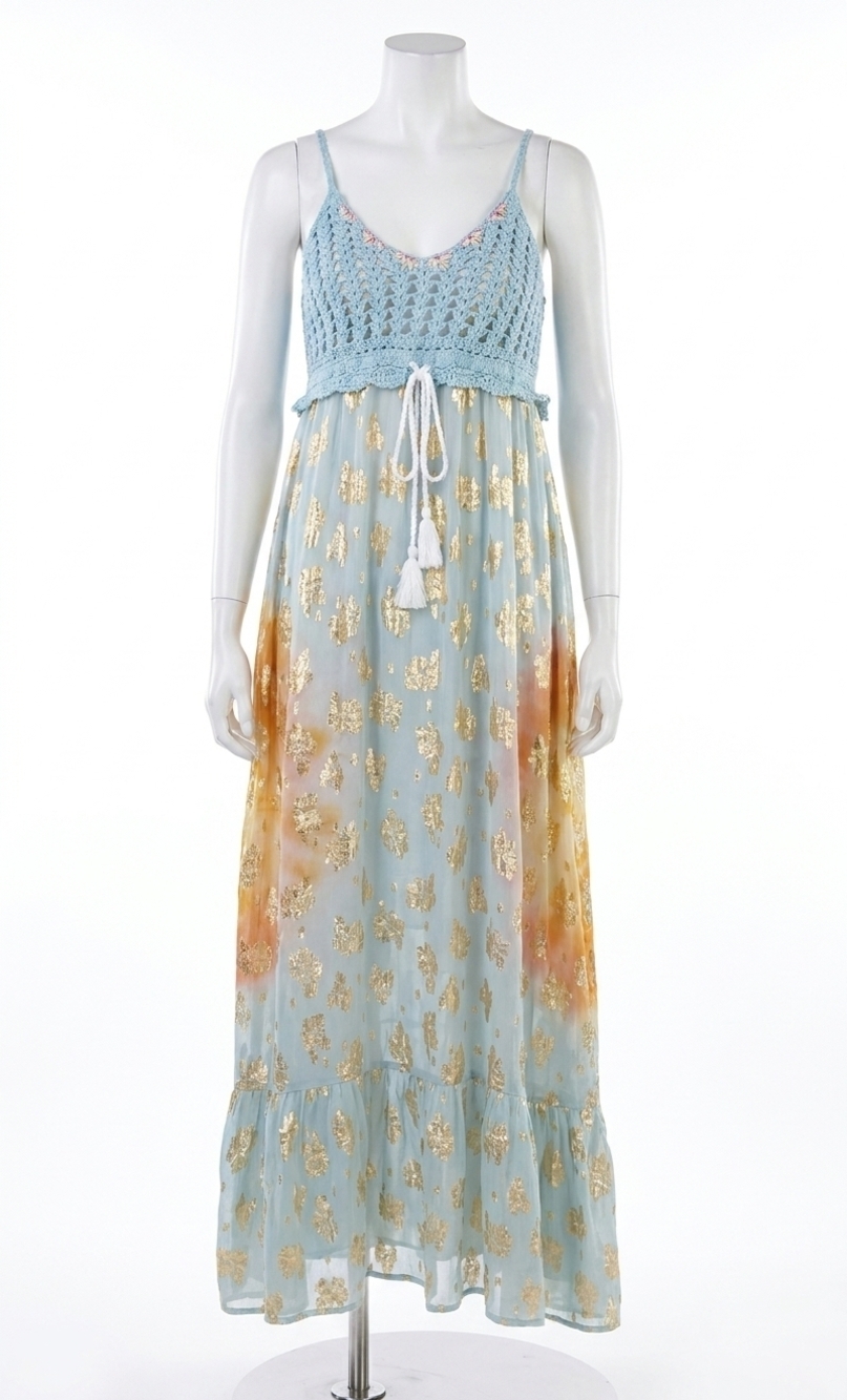 NEW POL crochet golden accent boho maxi dress in blue